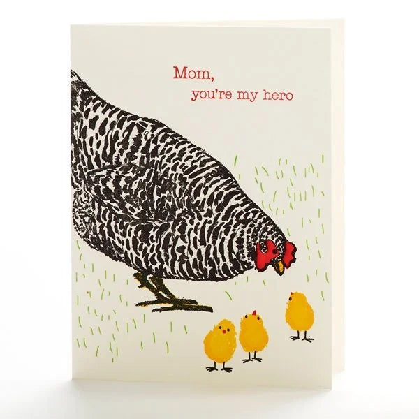 A2-122 Hen and chicks " Mom, you are my hero " letterpress card