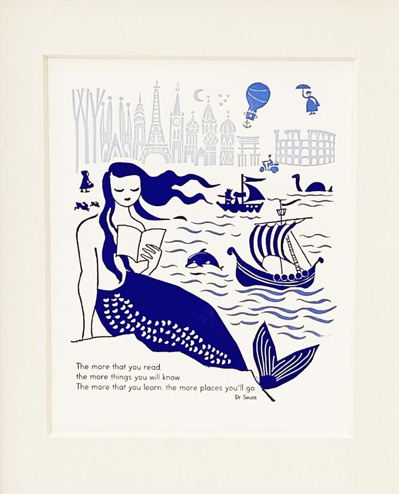 Mermaid reading Letterpress Art Print