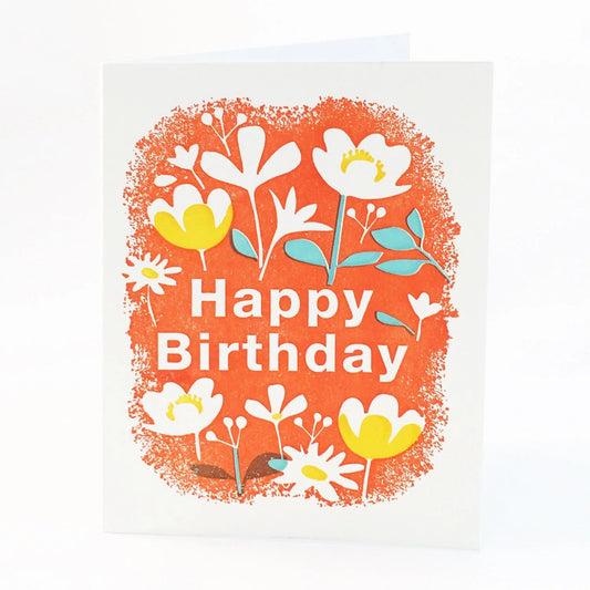 A2-211 "Happy Birthday" flowers w/orange bg  letterpress card