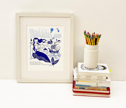 Mermaid reading Letterpress Art Print