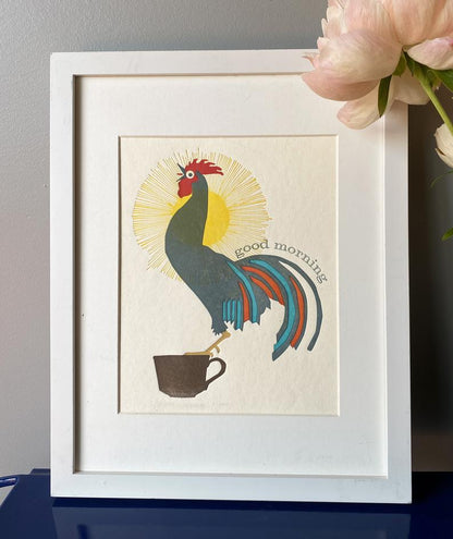 Rooster "Good Morning" Letterpress Art Print - Size 8.5 x 11 Inches